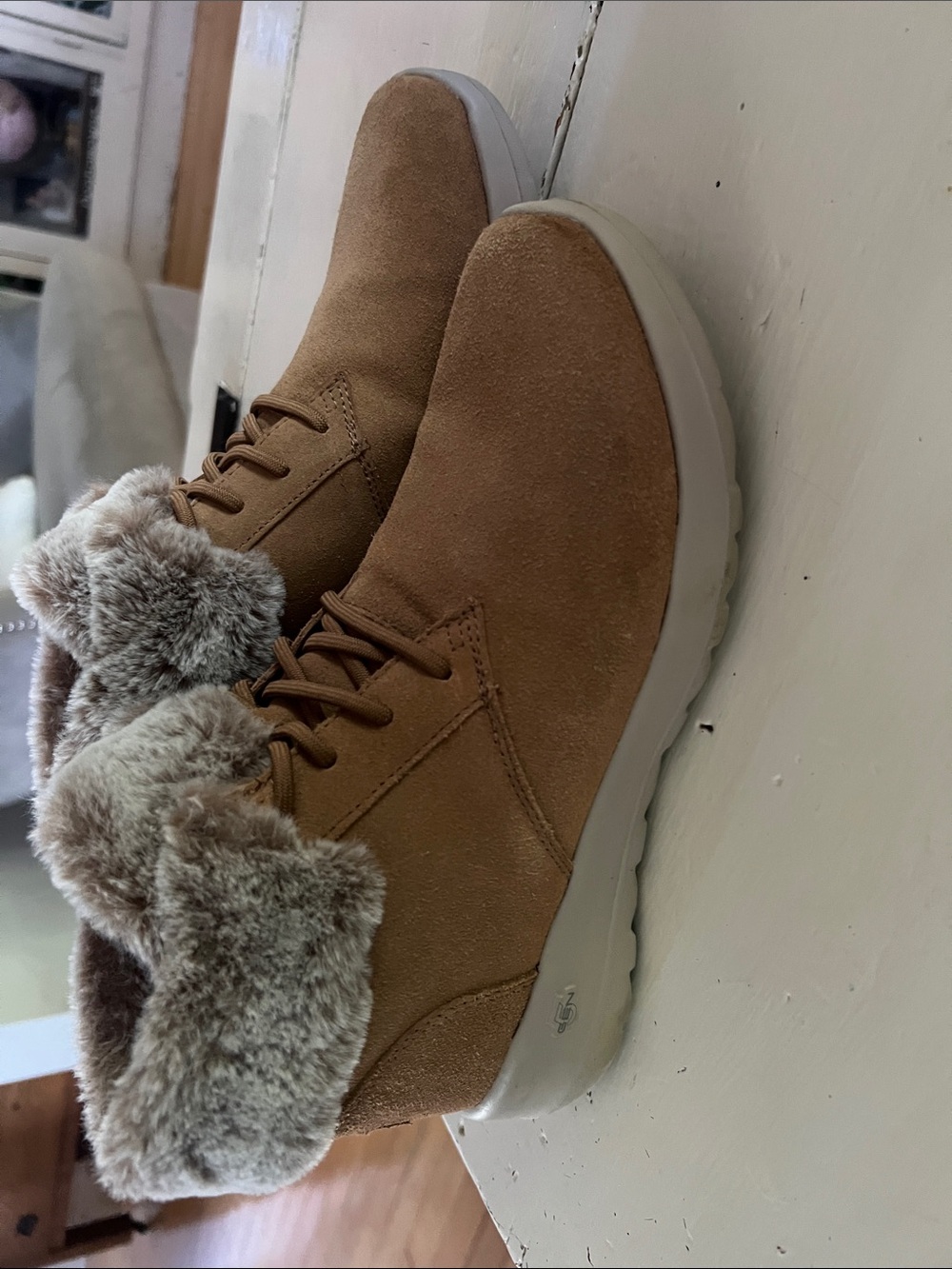 Skechers Tan Suede Lace-Up Ankle Boots with Faux Fur Collar - Picture 3 of 5